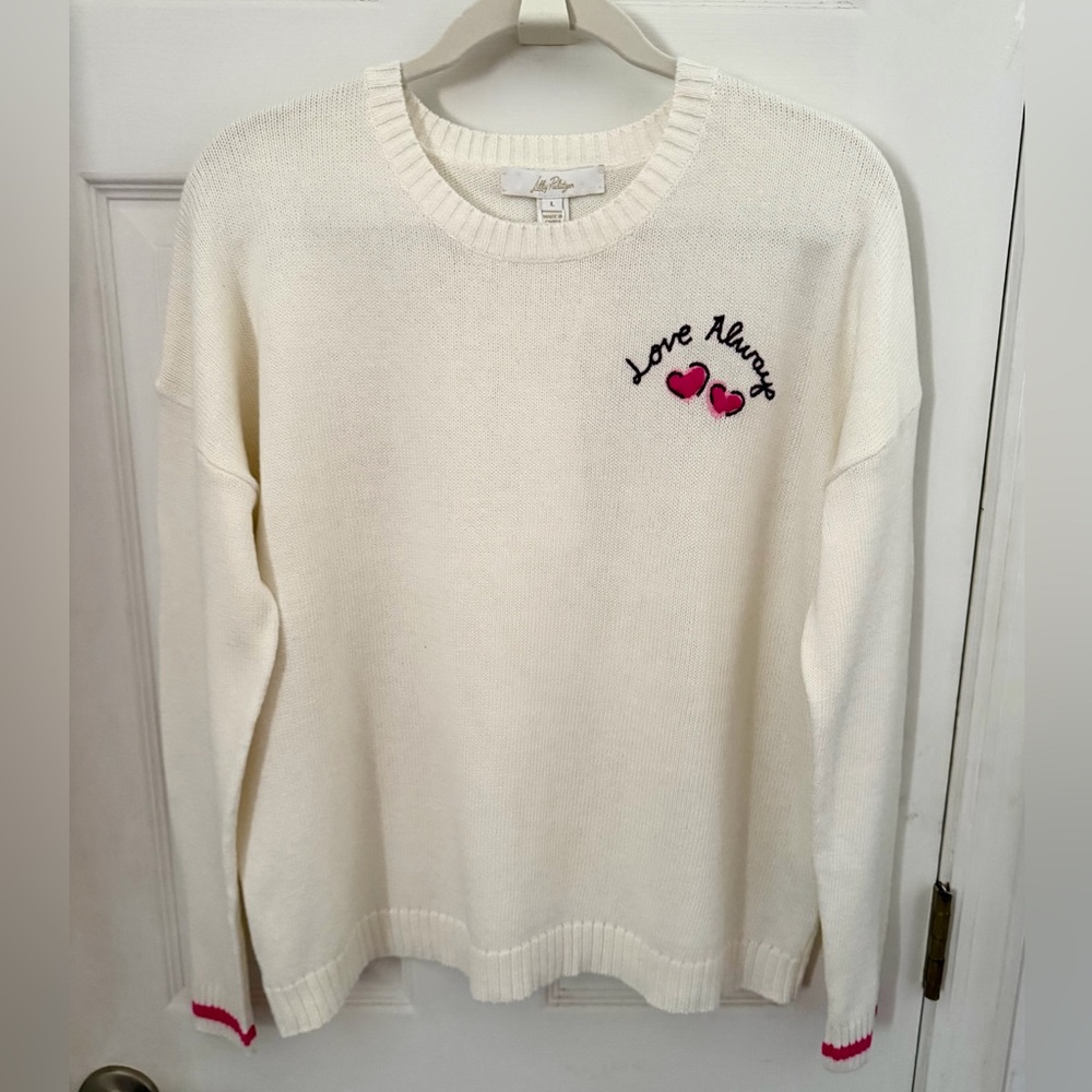 Lilly Pulitzer White Pippy Sweater with Pink Embroidery